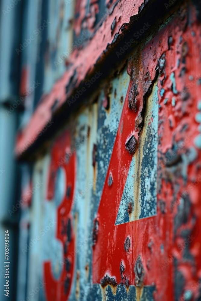 Poster A close-up view of a red and white sign on a building. This image can be used for various purposes