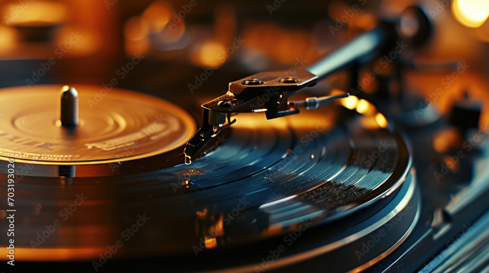Poster A detailed close-up view of a record player's turntable. Ideal for music enthusiasts and vinyl collectors