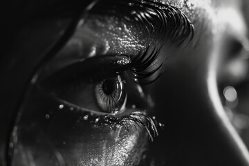 Close-up black and white photo of a woman's eye. Suitable for use in beauty, fashion, or conceptual...