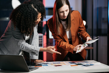 Office laptop, diversity teamwork and happy people review media application layout, creative design...