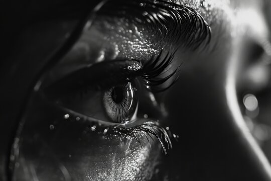 Fototapeta Close-up black and white photo of a woman's eye. Suitable for use in beauty, fashion, or conceptual projects