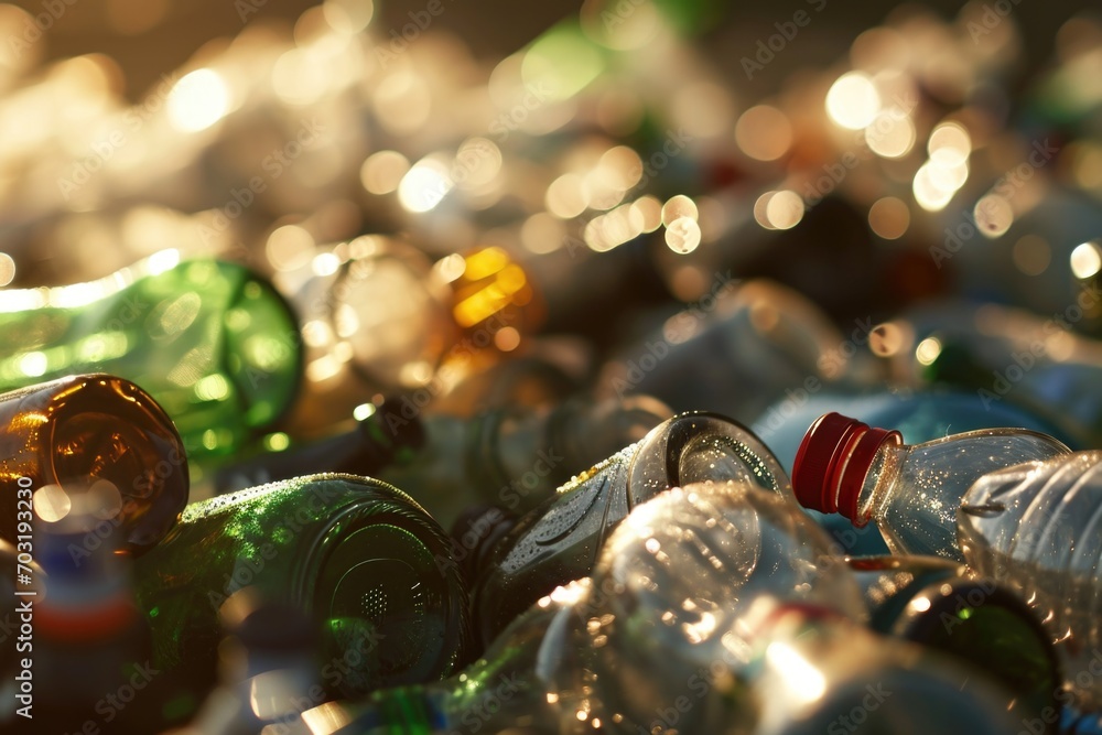 Poster A pile of empty bottles sitting on top of a table. Perfect for illustrating excessive consumption or a messy party scene