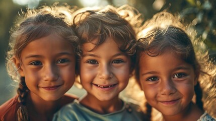 Fototapeta premium Three little girls standing next to each other. Suitable for family, friendship, and childhood concepts