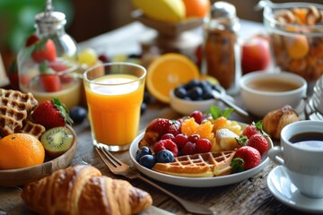 A plate of fruit and waffles on a wooden table. Perfect for breakfast or brunch scenes