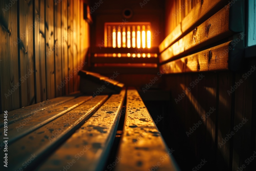 Poster a wooden bench sits in a room next to a window. this versatile image can be used to depict relaxatio