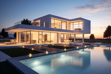 Fototapeta premium Modern luxury villa with pool and amazing sunset view
