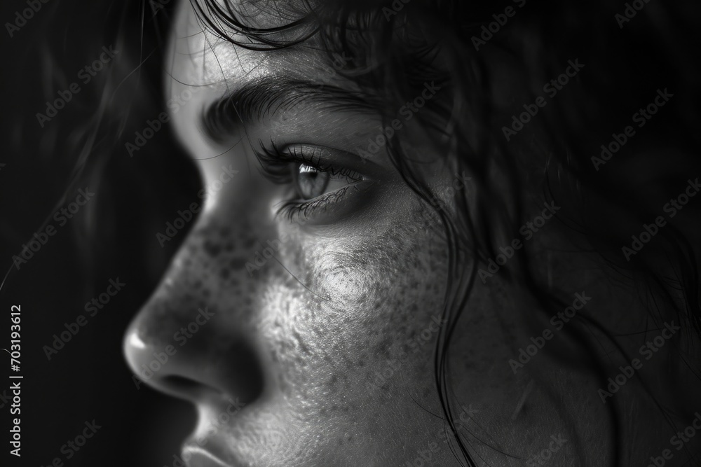 Poster a close up view of a woman's face with freckles. this image can be used in various projects and desi