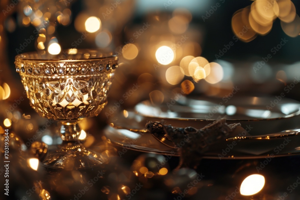 Poster A table set with plates and a glass of wine. Perfect for dining and entertaining