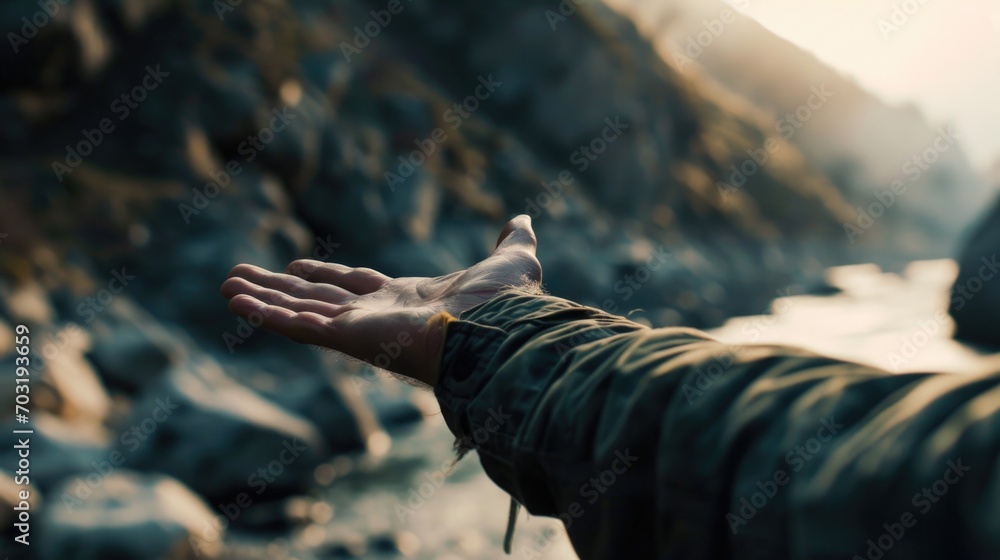 Poster A person standing by a river with their hand outstretched. This image can be used to depict contemplation, connection with nature, or solitude