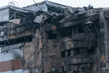 Destruction in a shopping center after being hit by a ballistic missile during the war in Ukraine...