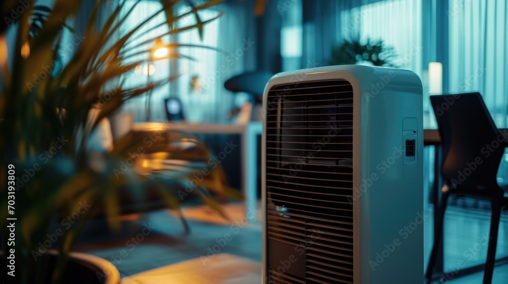 Poster A compact air conditioner placed on a table. Suitable for cooling small spaces
