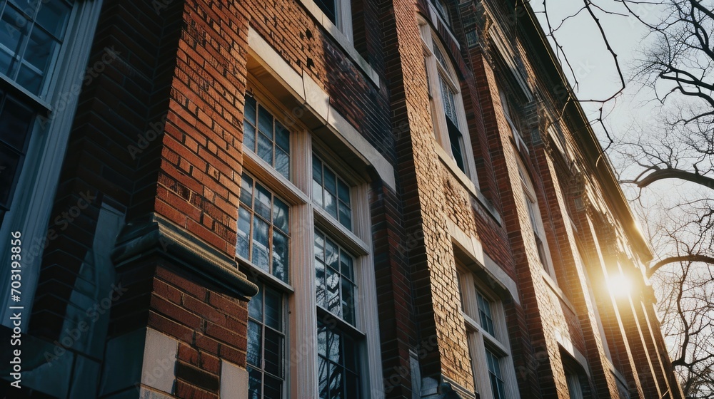 Poster sunlight shining through the windows of a brick building. ideal for architectural designs and real e