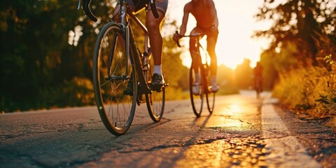 A couple of people riding bikes down a road. Suitable for outdoor activities or fitness themes