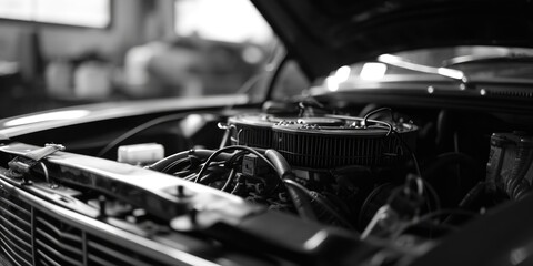 A black and white photo of a car engine. Perfect for automotive enthusiasts and mechanics