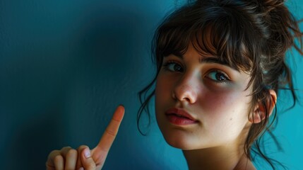 Obraz premium A young woman pointing to her left hand. Can be used to showcase jewelry or to convey a message or direction