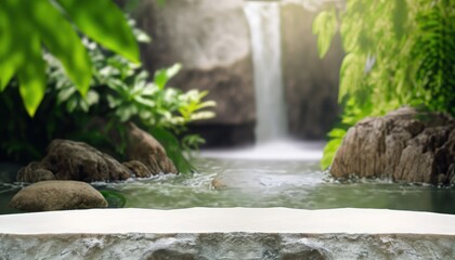 white stone podium table top in outdoor waterfall green tropical forest nature blured background