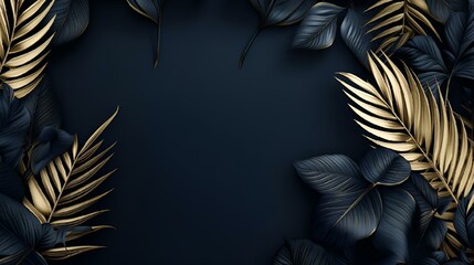 AI generated illustration of black and golden leaves on a dark background with copyspace