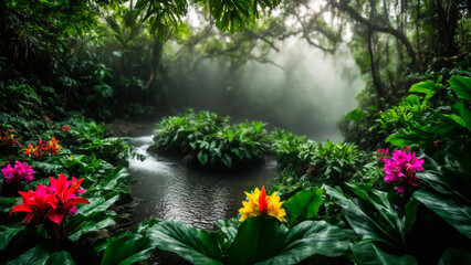 Fototapeta na wymiar Flowers in spring tropical rainforest, fog over a river in a wet forest, plant growth and environmental protection concept, wild jungle, springtime