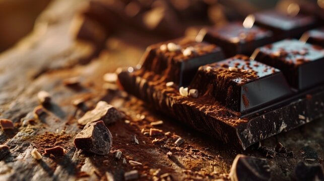 A piece of chocolate sitting on top of a piece of wood. This image can be used to showcase the deliciousness of chocolate or as a background for food-related designs