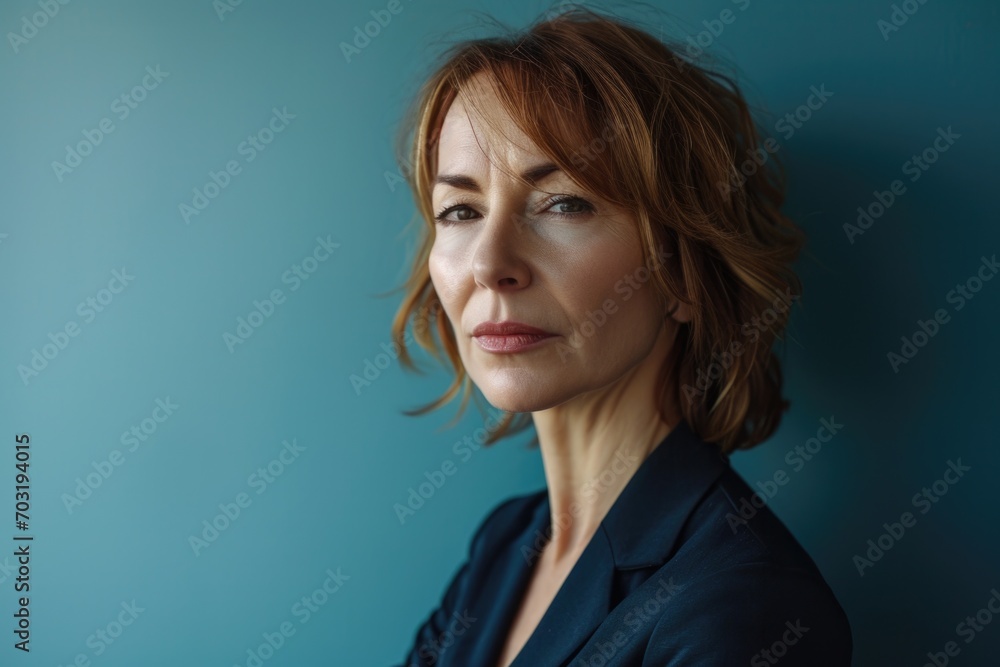 Poster a close-up shot of a woman against a vibrant blue background. perfect for adding a pop of color to a