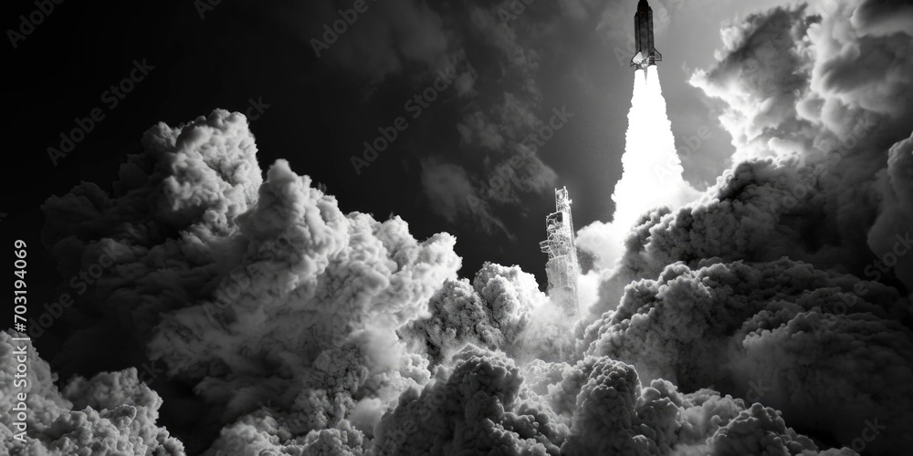 Poster a black and white photo capturing the moment of a rocket taking off. ideal for illustrating the conc