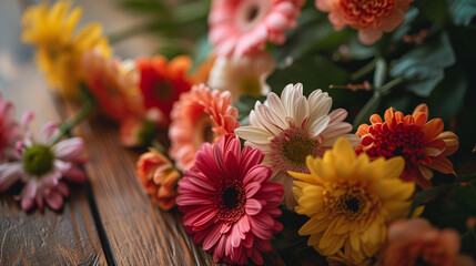 アンティークな木目の上にカラフルでナチュラルなお花が置かれている、フリージア、ピンポンマム,ガーベラ、マーガレット
