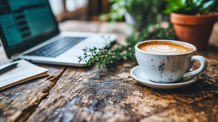 cozy workspace with a laptop, a notebook with a pen, and a cup of coffee with latte art on a wooden table - obrazy, fototapety, plakaty