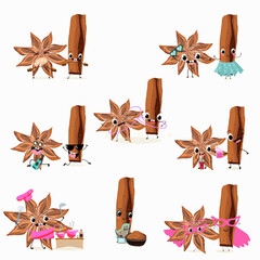 Cute cartoon cinnamon character set, collection. Flat vector illustration. Active recreation, playing musical instruments, sports, funny spices.