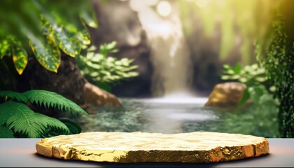 white stone podium table top in outdoor waterfall green tropical forest nature blured background