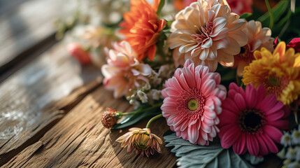 アンティークな茶色の木目の上にカラフルでナチュラルなお花が置かれている、フリージア、ピンポンマム,ガーベラ、マーガレット