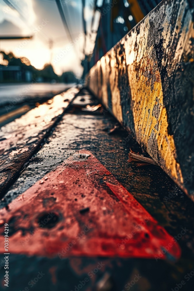 Poster a detailed view of a red and yellow street sign. this image can be used for various purposes