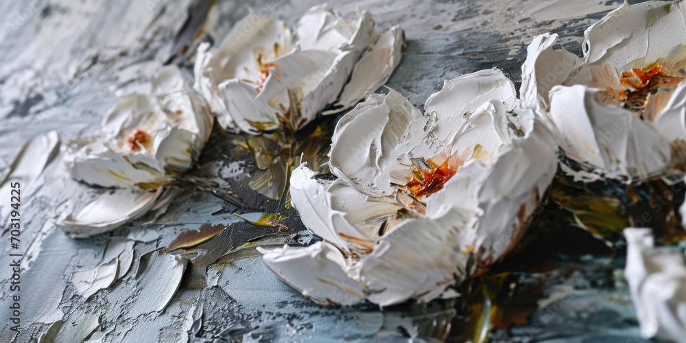 Poster a close-up view of a painting depicting white flowers. ideal for adding a touch of elegance to any s