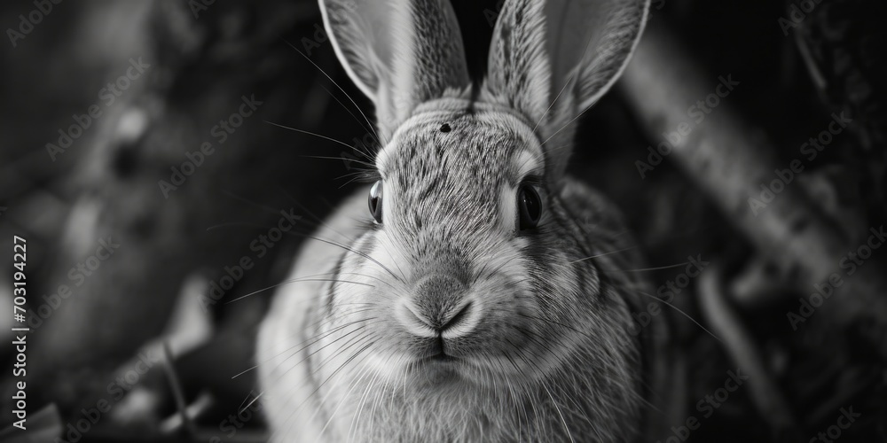 Poster a black and white photo of a rabbit. suitable for various uses