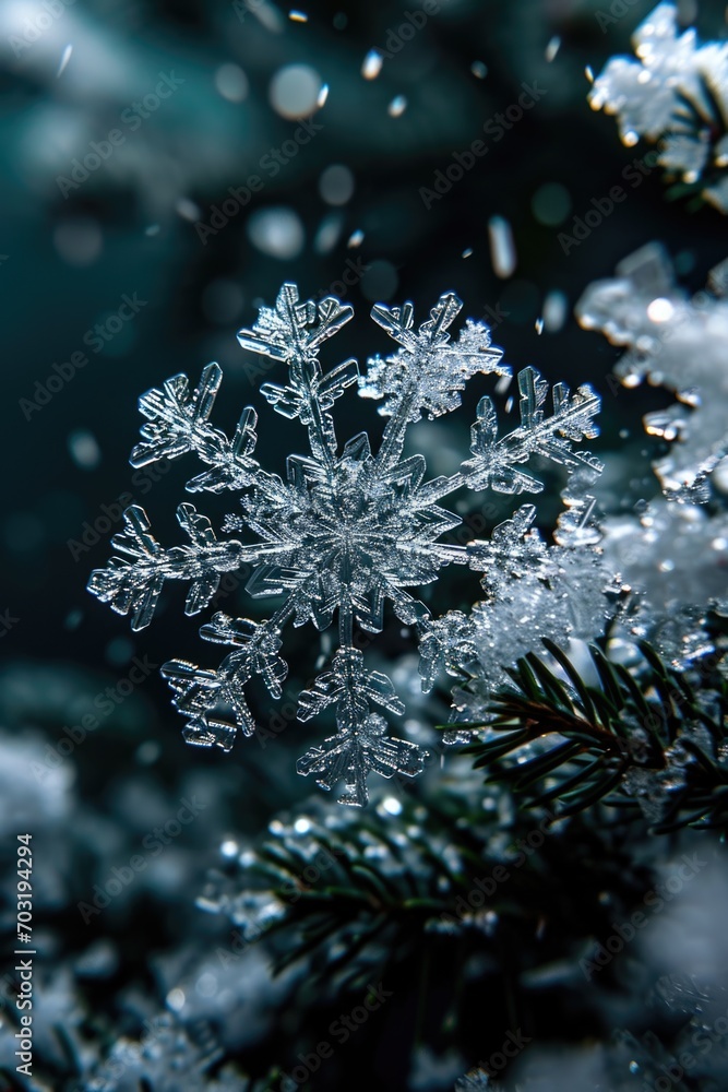 Poster a close up of a snowflake on a tree. perfect for winter-themed designs and holiday greetings