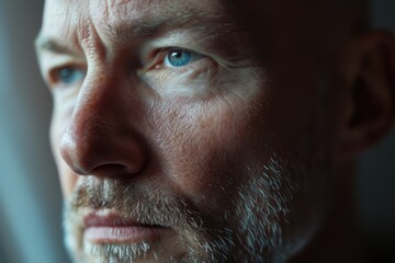 Obraz premium A close up view of a man's face, highlighting his striking blue eyes. This image can be used to convey emotions, capture attention, or depict a specific character