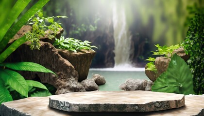 white stone podium table top in outdoor waterfall green tropical forest nature blured background - Powered by Adobe