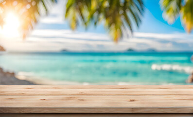 Fototapeta premium Empty wooden table, blurred summer sea background with copy space for your product