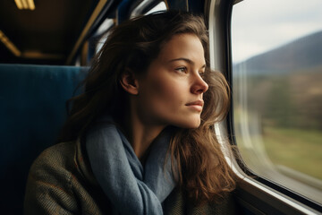 A passenger on a long train journey, gazing out of the window with a bored expression, passing by...