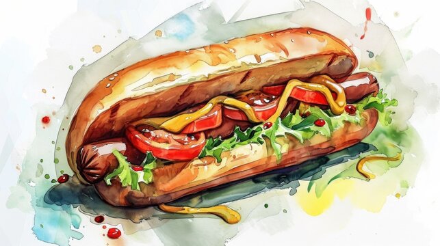 A vibrant watercolor painting depicting a delicious hot dog on a soft bun. Perfect for food enthusiasts or as a mouthwatering addition to culinary-themed projects