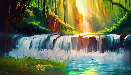 Obraz premium Waterfall green tropical forest nature blurred gold background