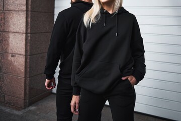 A trendy couple poses outdoors in black hoodies for a mock-up design. A fashion template for print and branding. A casual and elegant street wear style with no face and no logo visible.