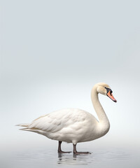 A graceful white swan stands in water against a pale grey background, exuding elegance and peace.