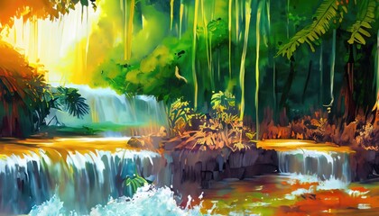 Waterfall green tropical forest nature blurred gold background