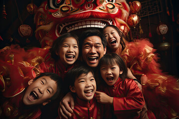 ia-generated photo of oriental family celebrating Chinese New Year's Eve surrounded by traditional dragons.