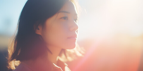 Serene East-Asian woman in sunlight, soft focus with a dreamy, glowing sunrise