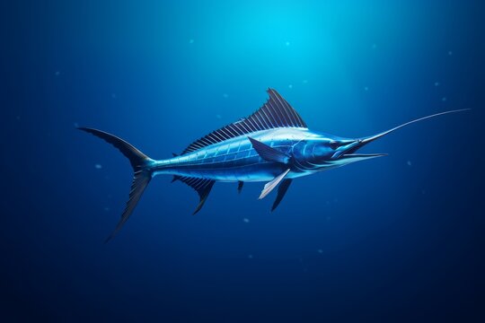 An illustration depicts a blue marlin, a deep-sea fish, swimming in the ocean.