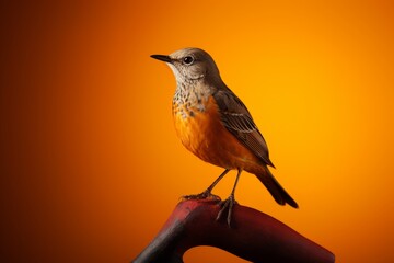 A colorful bird with a broad shoulder and rich, vivid colors perches on a wooden stick against an orange background. - obrazy, fototapety, plakaty