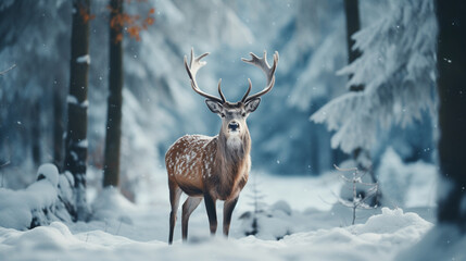 A deer in the forest in winter