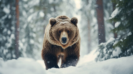 A brown bear in the forest in winter