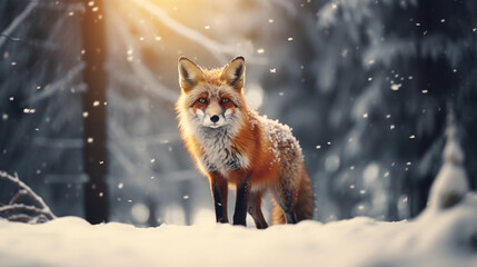 A fox in the forest in winter